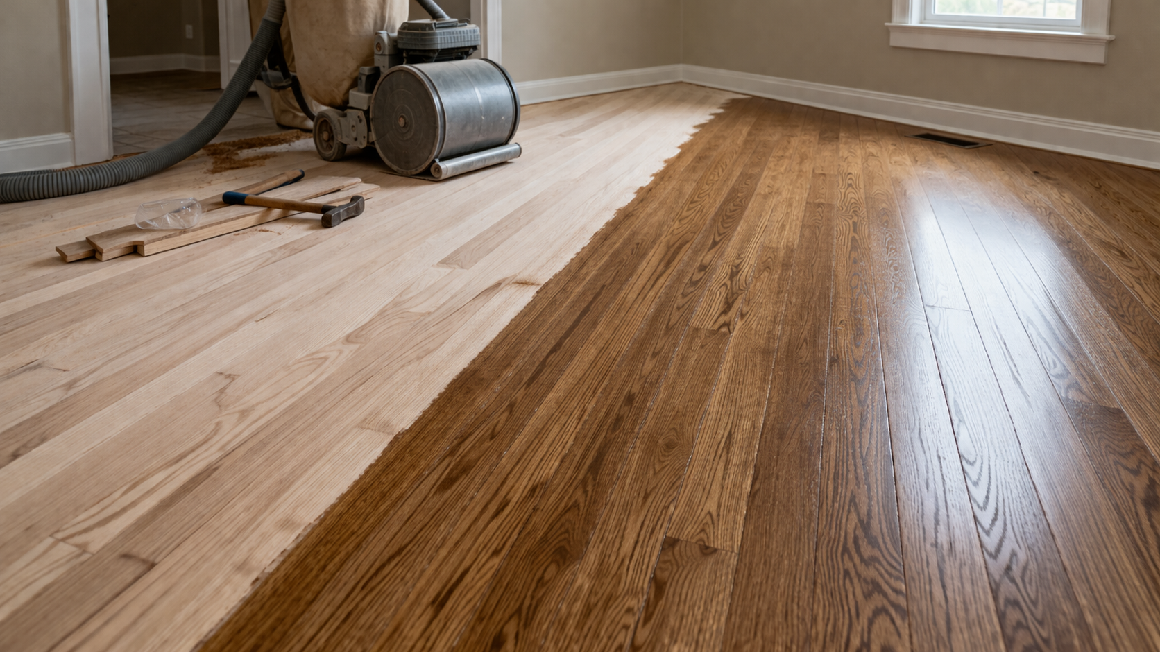 A room with a wooden floor partially sanded to a light natural color, with a drum sander nearby and stained dark planks.