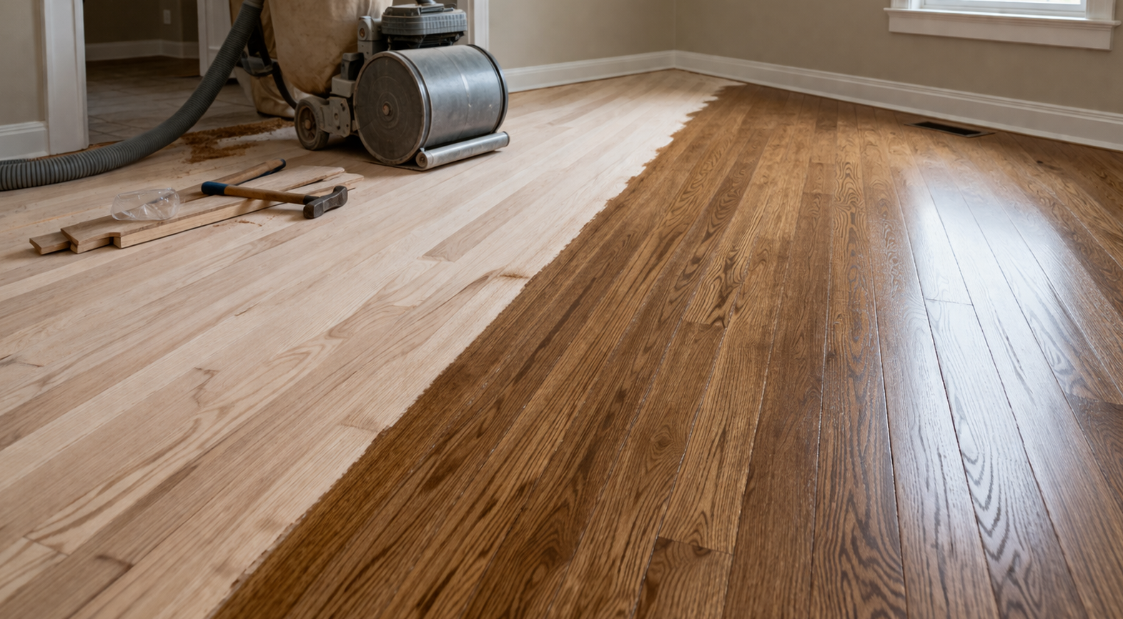 A floor sander sits on an unfinished light wood floor, partially stained a dark brown, in a room with trim and windows.