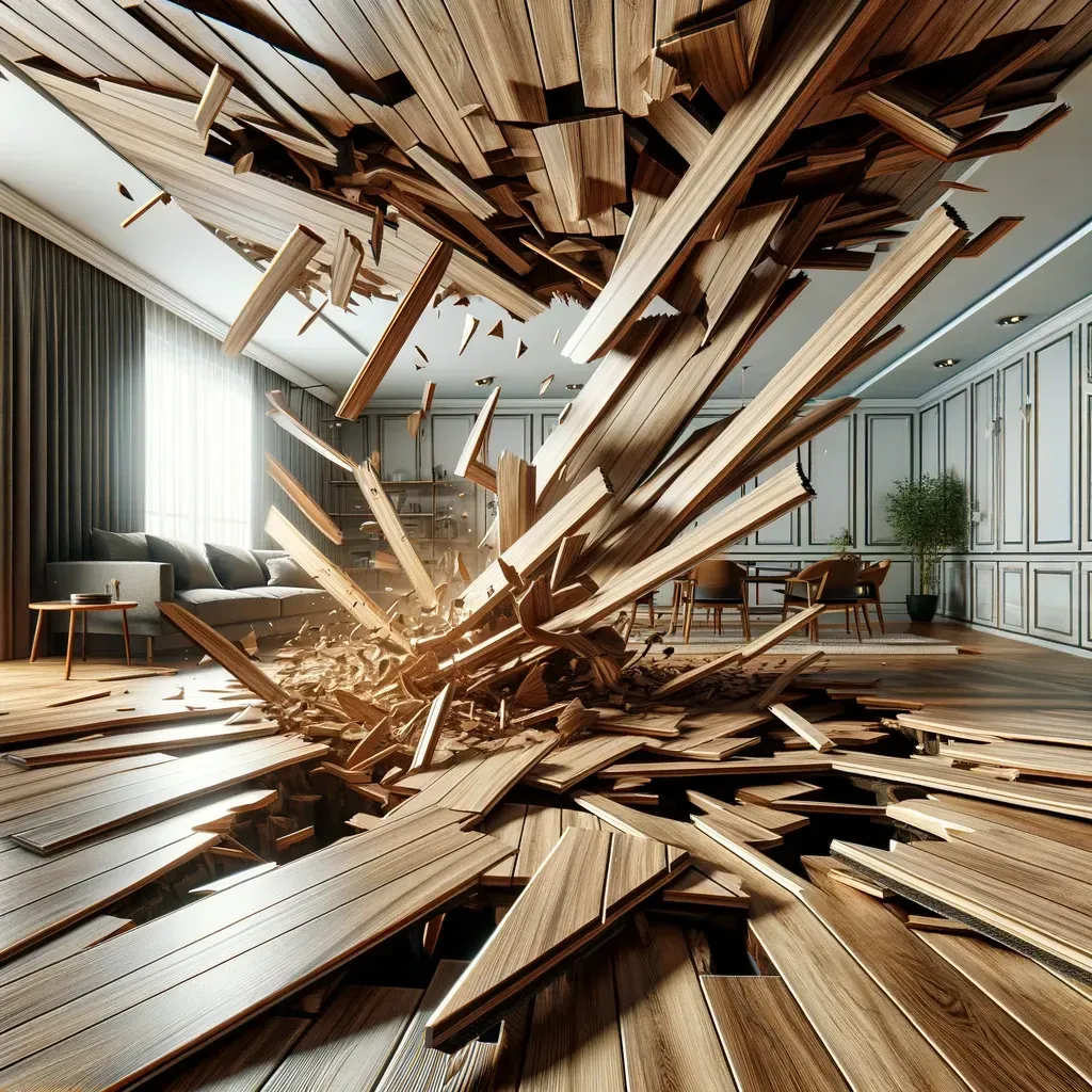 Dramatic image of a hardwood floor falling apart.