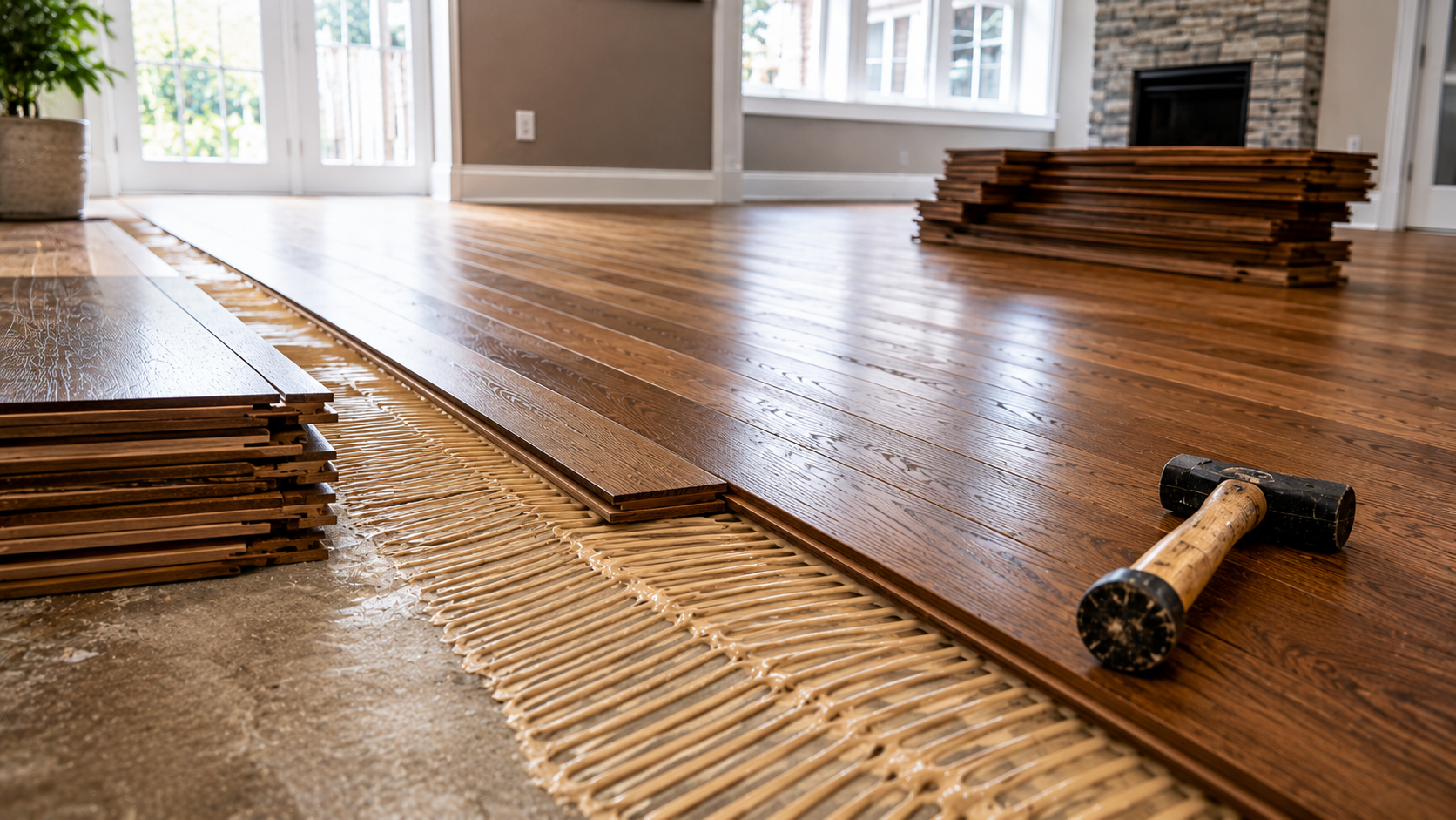 Wooden flooring installation in progress with floorboards, underlayment, and a hammer in a sunlit room