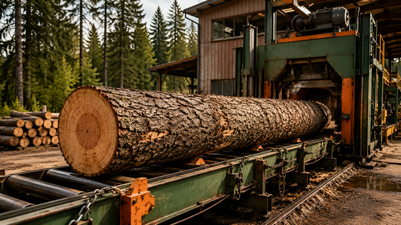 Logs on a conveyor at a lumber mill with a large cut log in the foreground