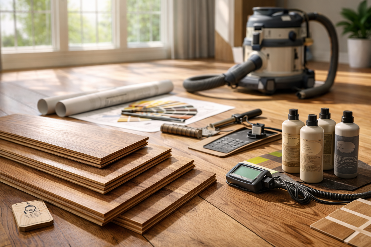 Hardwood flooring installation tools and materials on a sunny floor: planks, vacuum, plans, color samples, bottles.