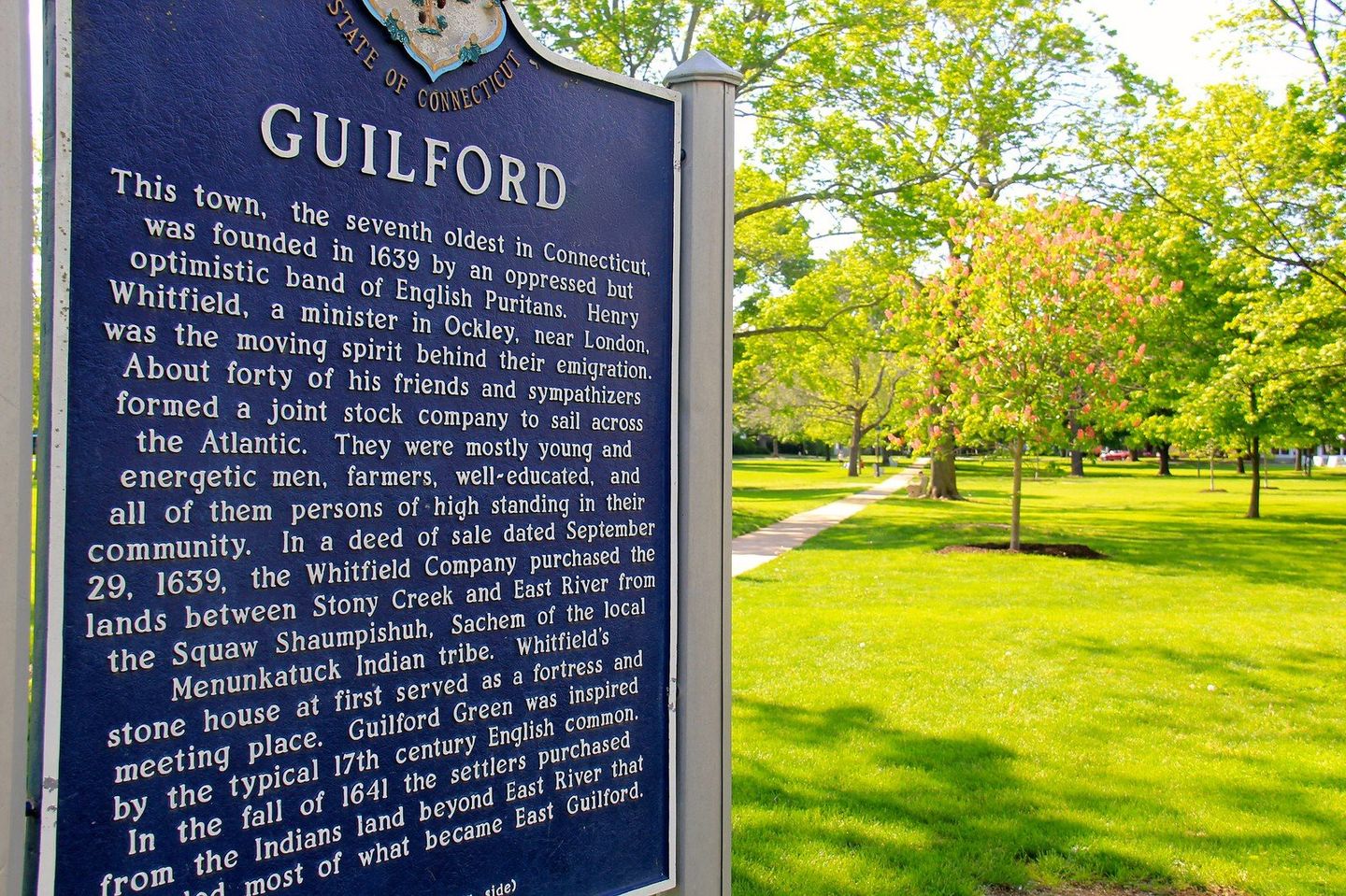 Town sign declaring how Guilford, Connecticut was founded.