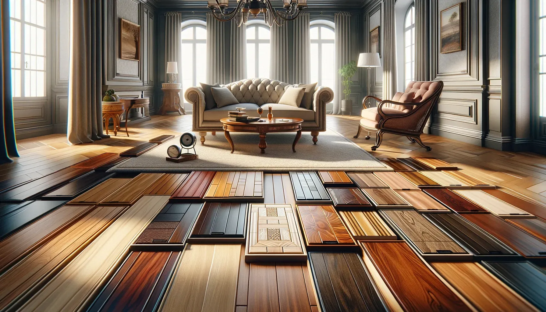 Living room displaying many hardwood flooring swatches to compare look and feel