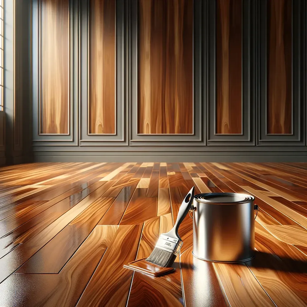 Wood floor with can of polyurethane sealer pictured