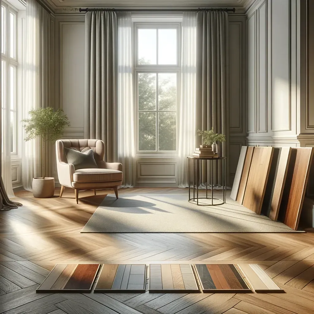 Open room with natural light, displaying swatches of different hardwood flooring options. 