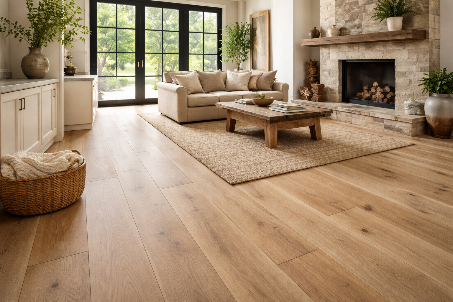 Living room with light wood floors, a beige rug, sofa, and fireplace.