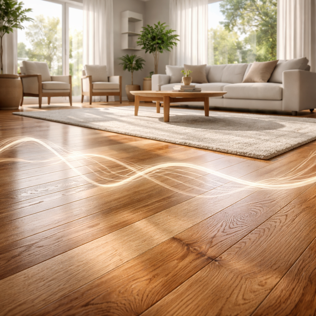 A bright, modern living room with wood flooring, featuring light furniture, a rug, and glowing abstract wave patterns.