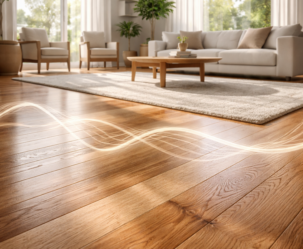 A bright living room with wooden flooring, a couch, armchairs, and a glowing light effect flowing across the floor.