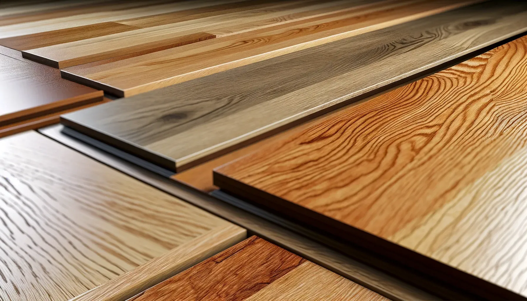 Close up examples of different hardwood flooring textures and patterns. 