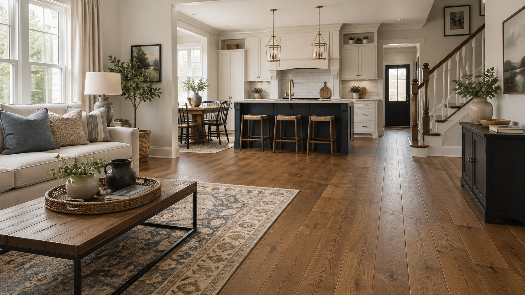 Bright open-concept living room and kitchen with hardwood floors, neutral decor, and large windows
