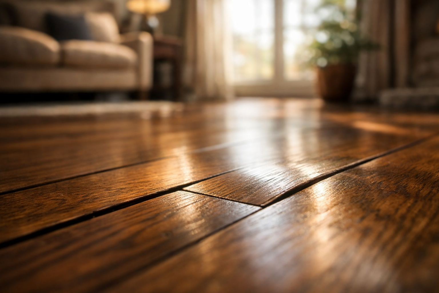 Sunlit wooden floor in a cozy living room with a blurred sofa and plant in the background