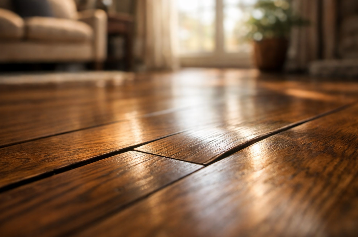Sunlit wooden floorboards in a cozy living room with a blurred sofa and plant in the background