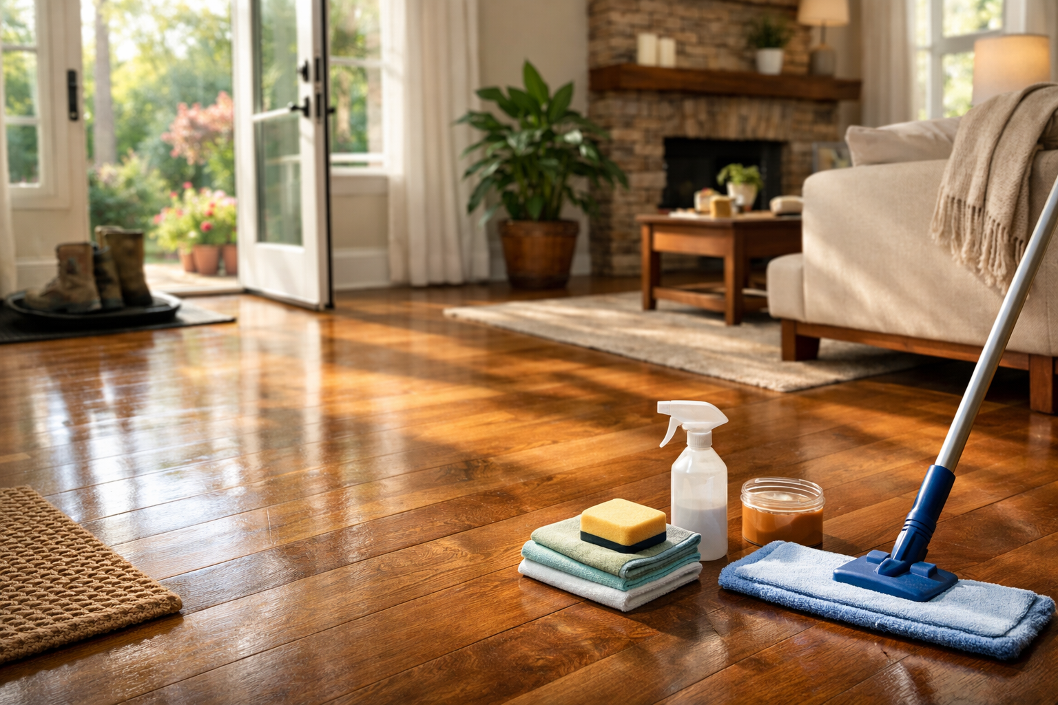 Wooden floor being cleaned with a mop, cleaning supplies in foreground, living room setting.