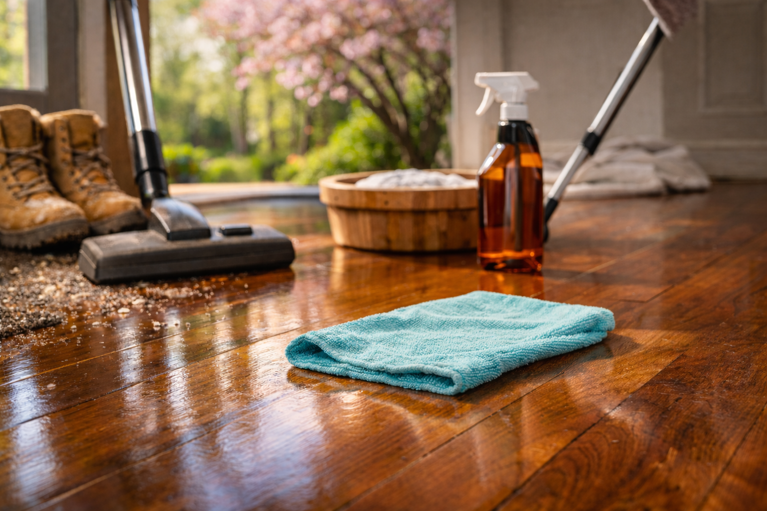 A vacuum cleaner, spray bottle, and blue cloth on a hardwood floor, with work boots and a window view in the background.