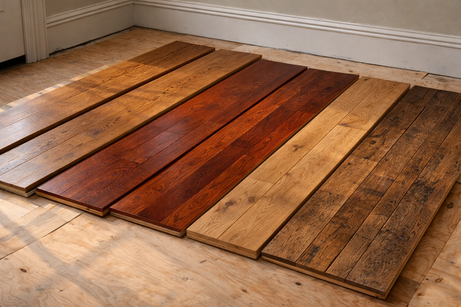 Wooden flooring samples in various shades of brown laid out on existing wooden floor.