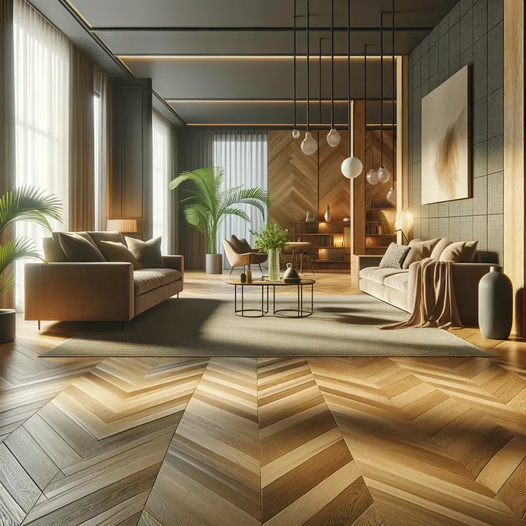 Warmly lit room featuring herringbone patterned hardwood floors