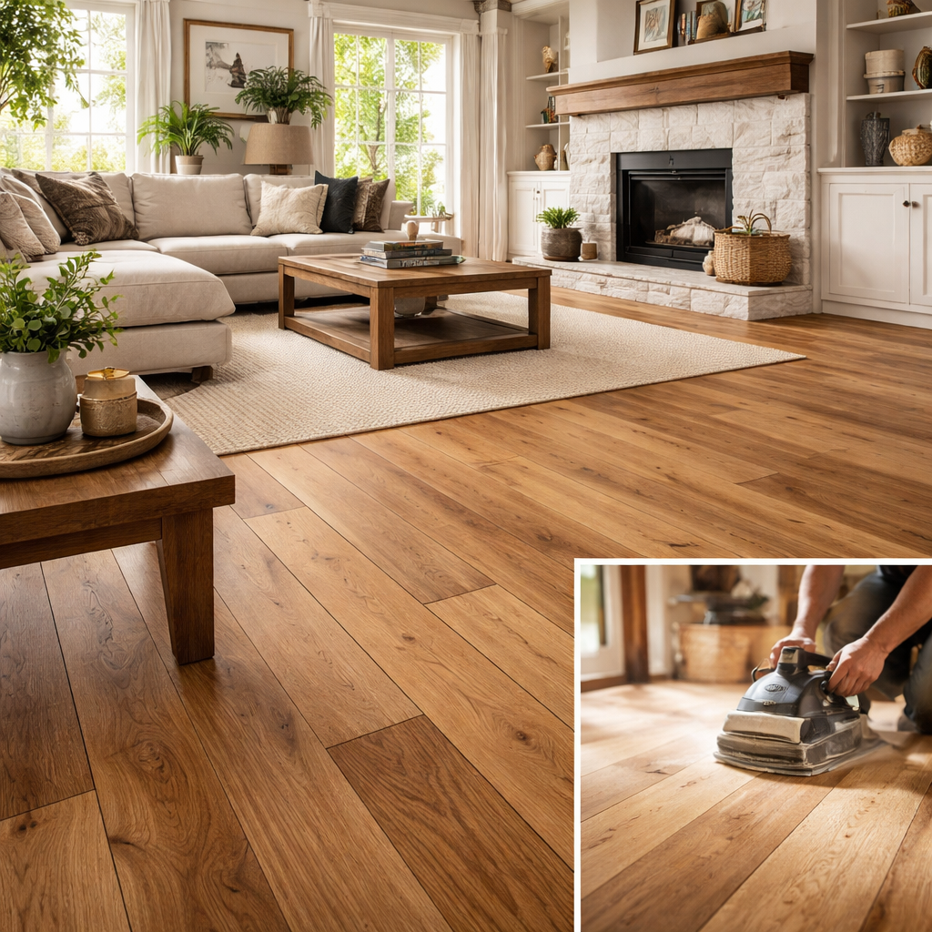 Living room with wood floors, sectional sofa, fireplace. Inset: man sanding wood floor with a machine.