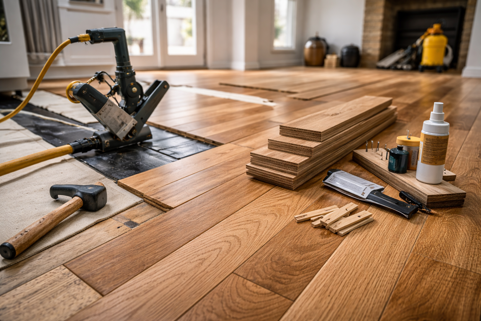 Hardwood floor installation: planks, pneumatic nailer, hammer, glue, and other tools on wood flooring.