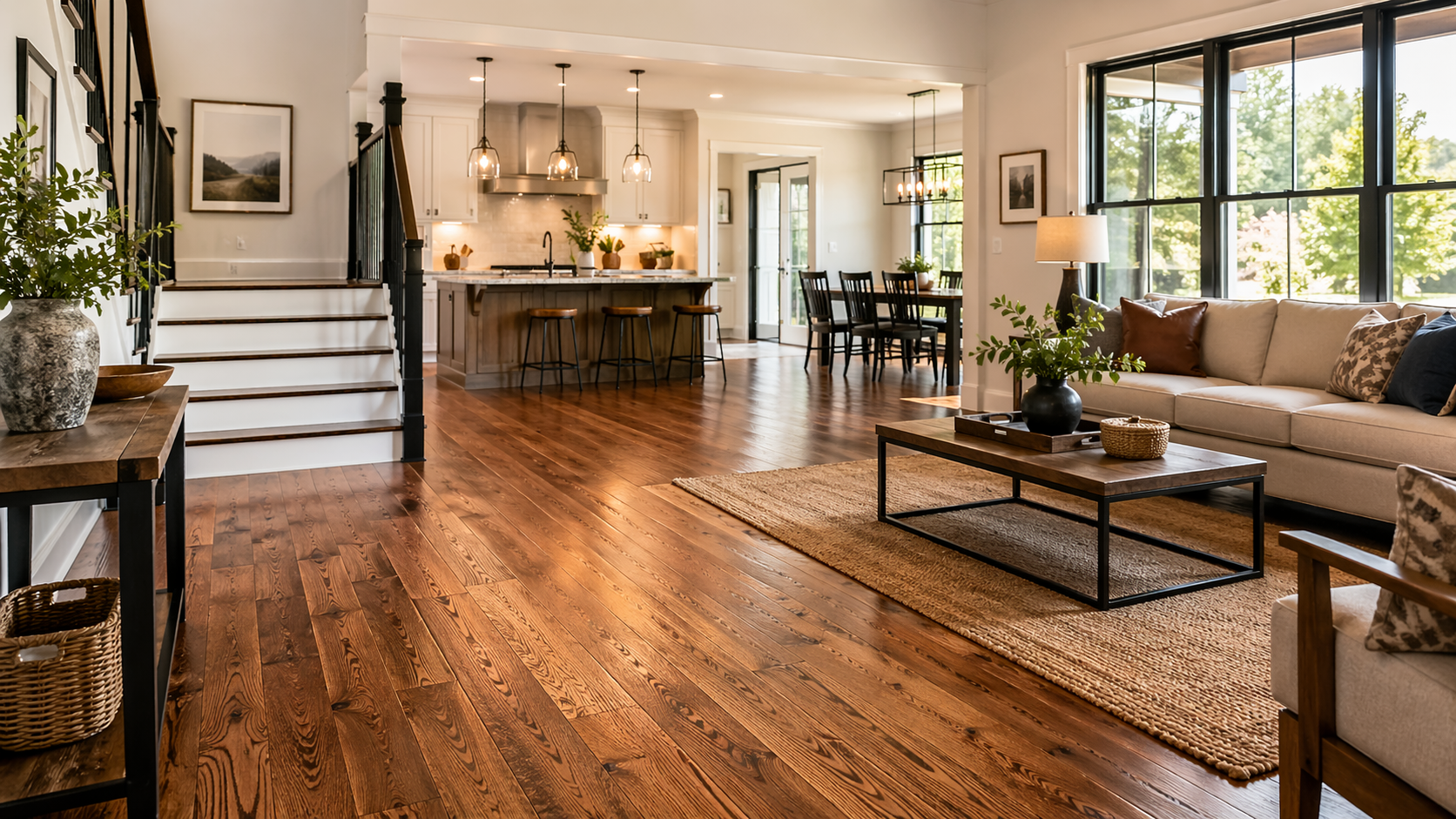 Open-plan living room with hardwood floors, beige sofa, and a kitchen island in the background