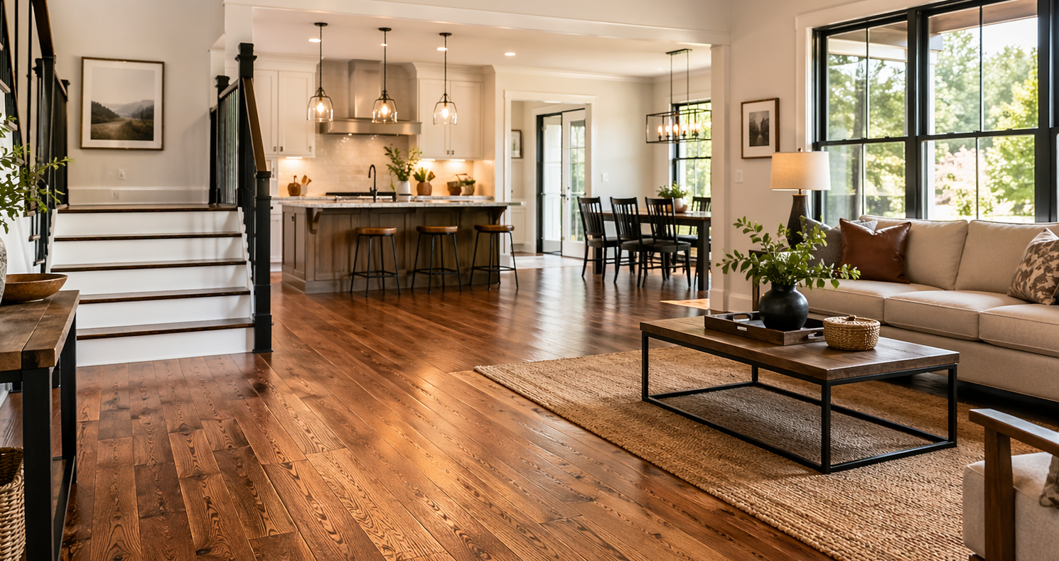Bright open-plan living room with hardwood floors, beige sofa, and kitchen island in the background