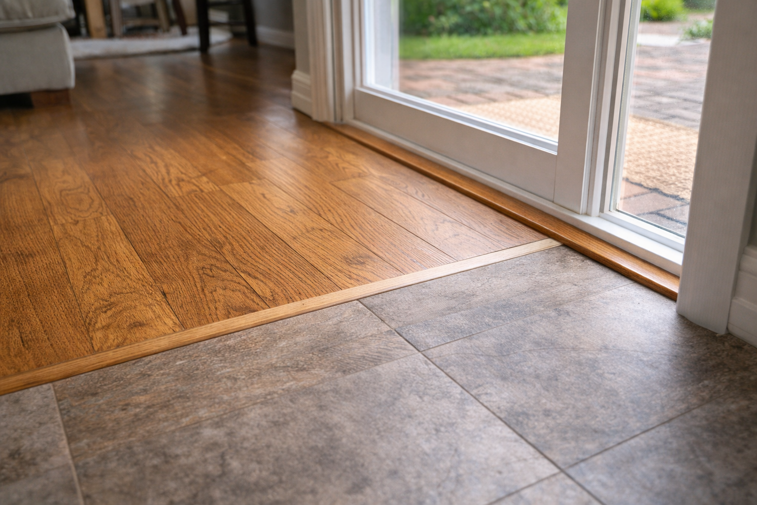 A transition strip separates wood flooring from stone-look tiles at a glass patio door entrance.