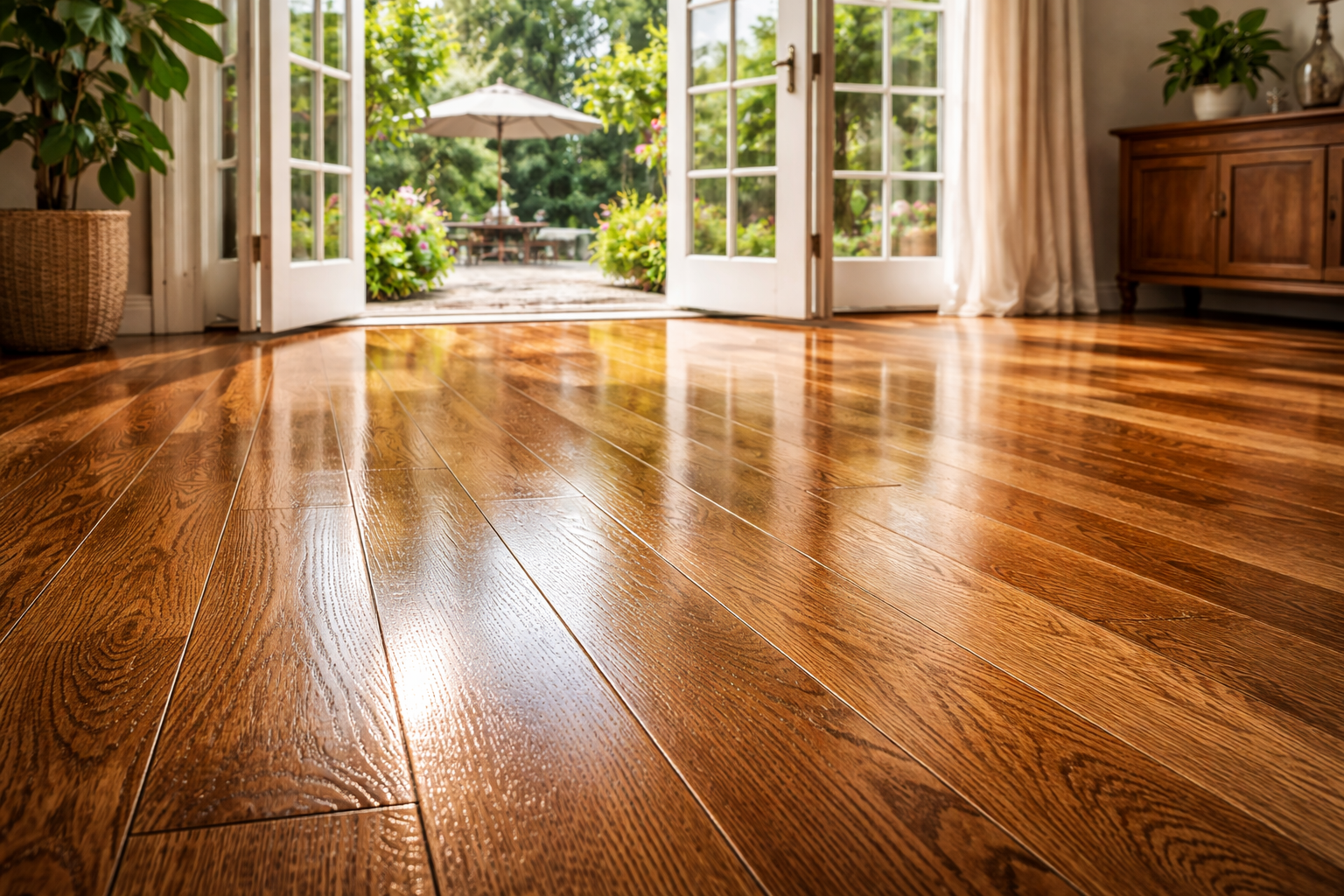Glossy hardwood floor leading to open French doors overlooking a patio with a table and umbrella.