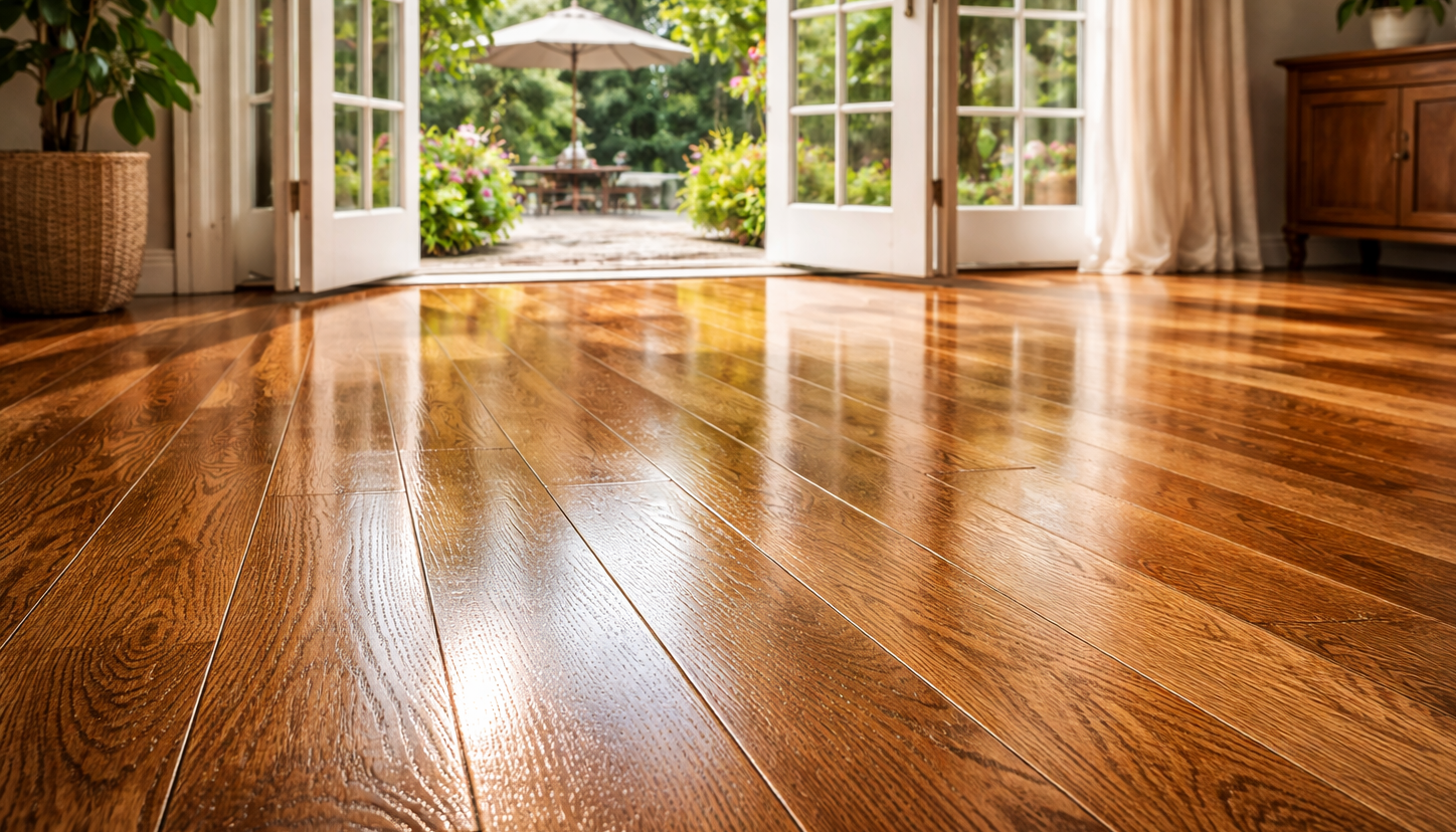 Shiny wooden floor leading to open French doors overlooking a patio with a table and umbrella.