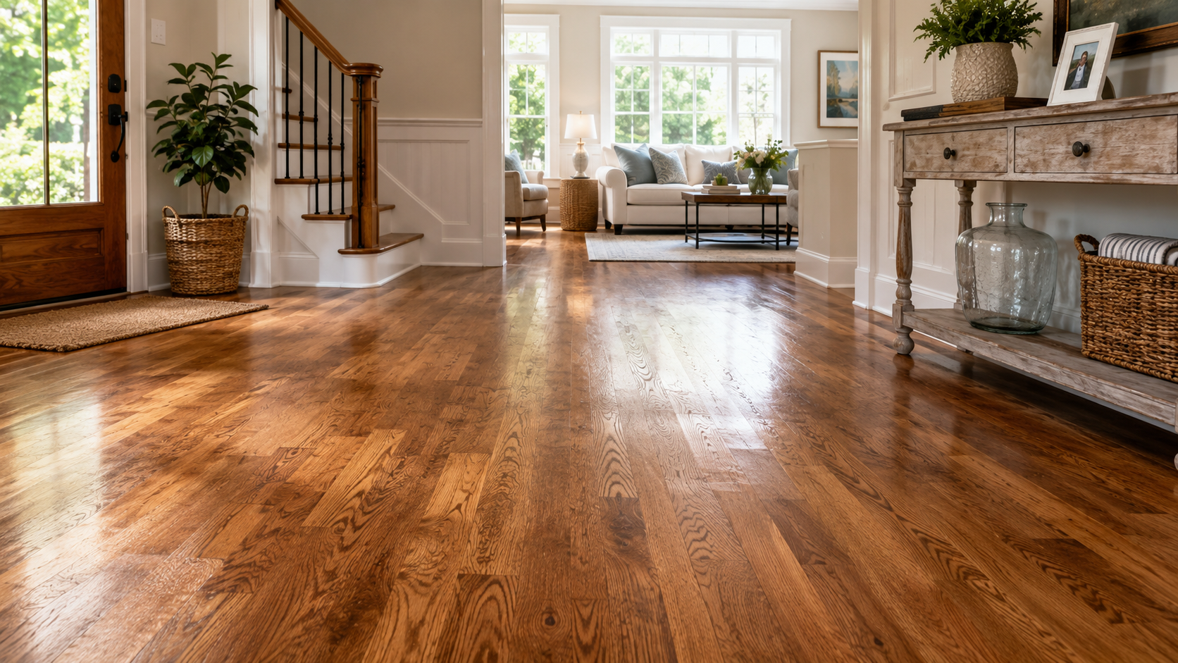 Bright living room with polished hardwood floors, staircase, and large windows letting in natural light