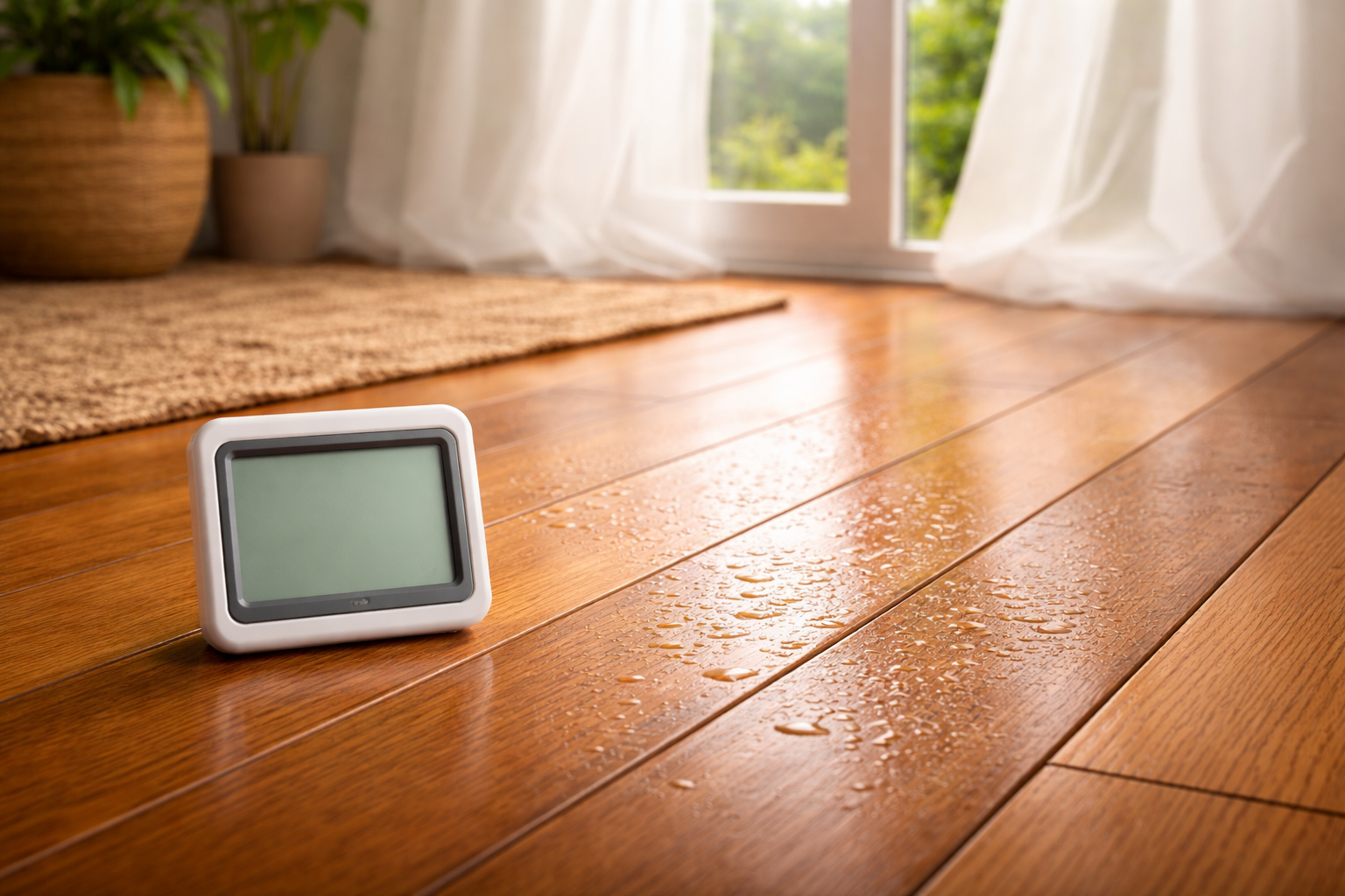 A blank digital moisture meter sits on a wet hardwood floor near a houseplant and a window with white curtains.
