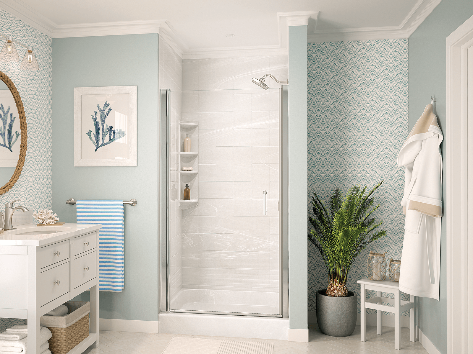 Coastal and Beach-Themed Bathroom with a Walk-in Shower