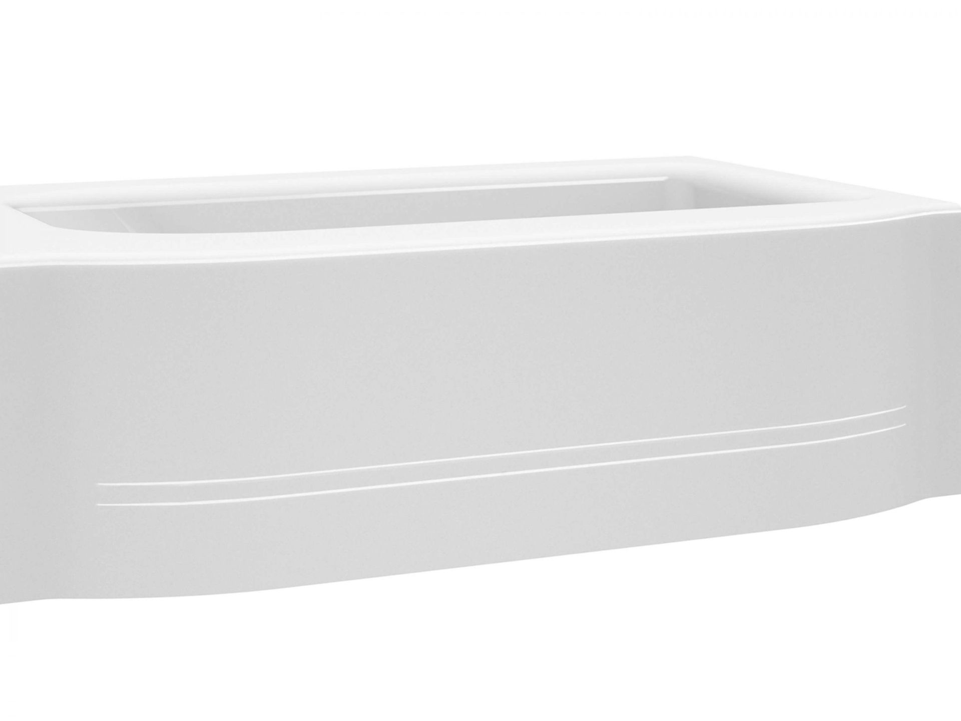 White rectangular bathtub with curved front and two parallel recessed lines.