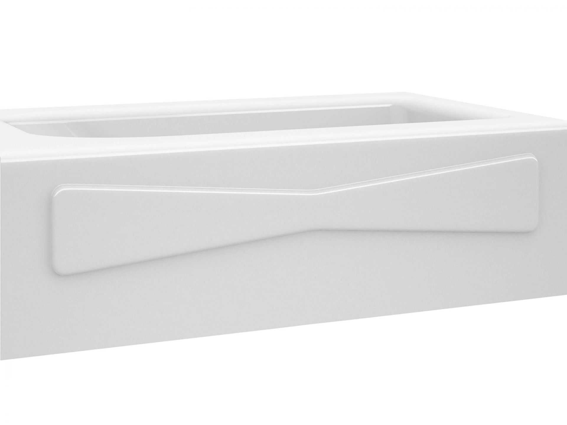 White rectangular bathtub with a decorative, bow-tie shaped panel on the front.