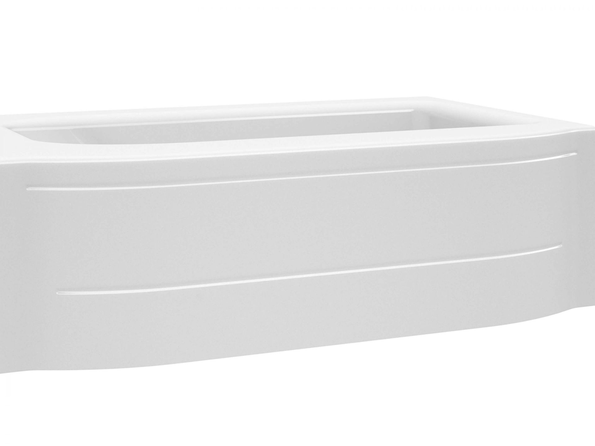 White rectangular bathtub with curved front and two horizontal grooves.