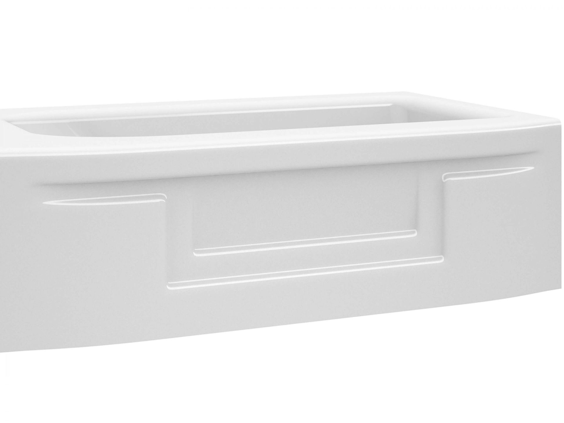 White rectangular bathtub with a decorative front panel.
