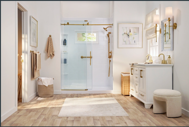 Elegant Gold Fixtures in a Bright and Modern Bathroom