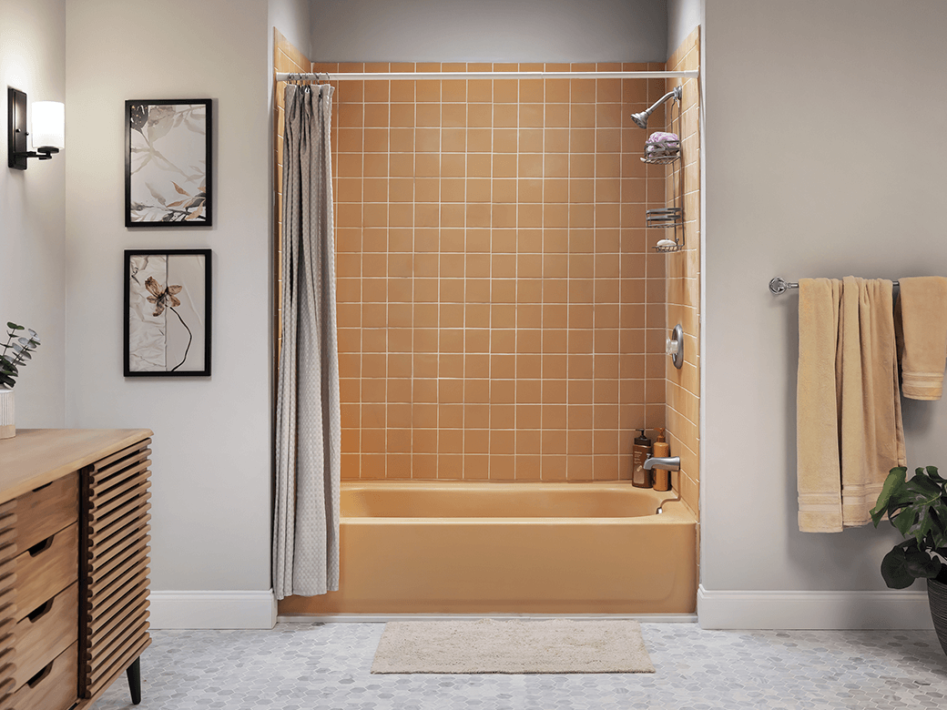 Retro Bathroom with Peach Bathtub and Tile
