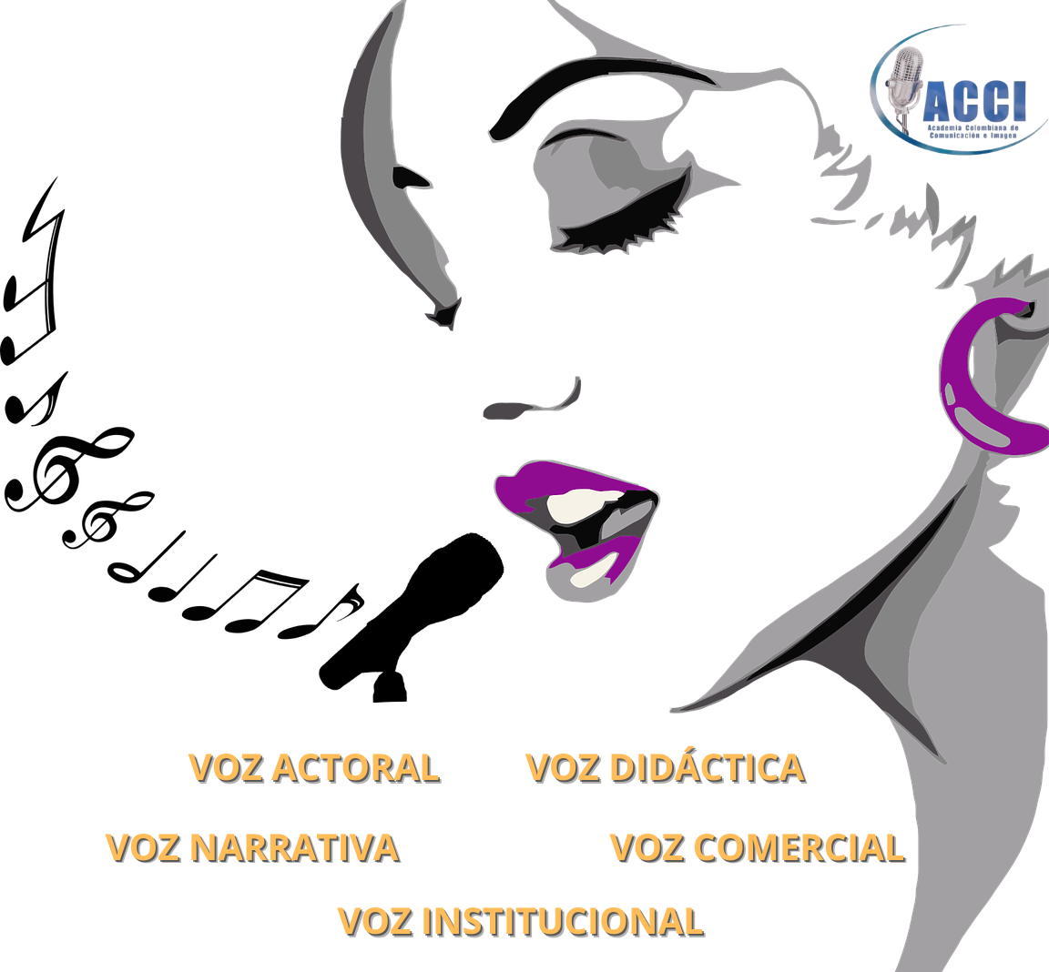 Mujer cantando en un micrófono, notas musicales y texto: Voz de actor, voz didáctica, voz narrativa, voz comercial, voz institucional.