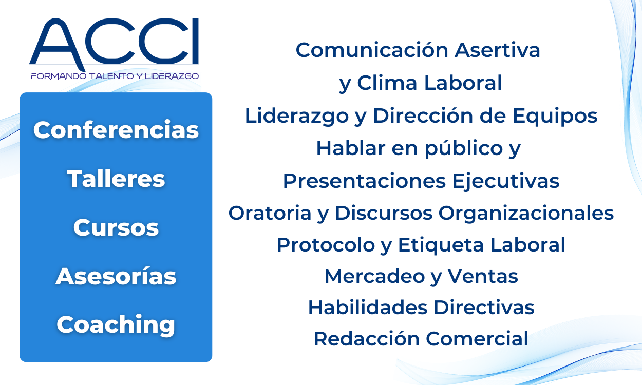 Logotipo de ACCI con una lista de cursos: Comunicación Asertiva, Liderazgo, Oratoria y más.