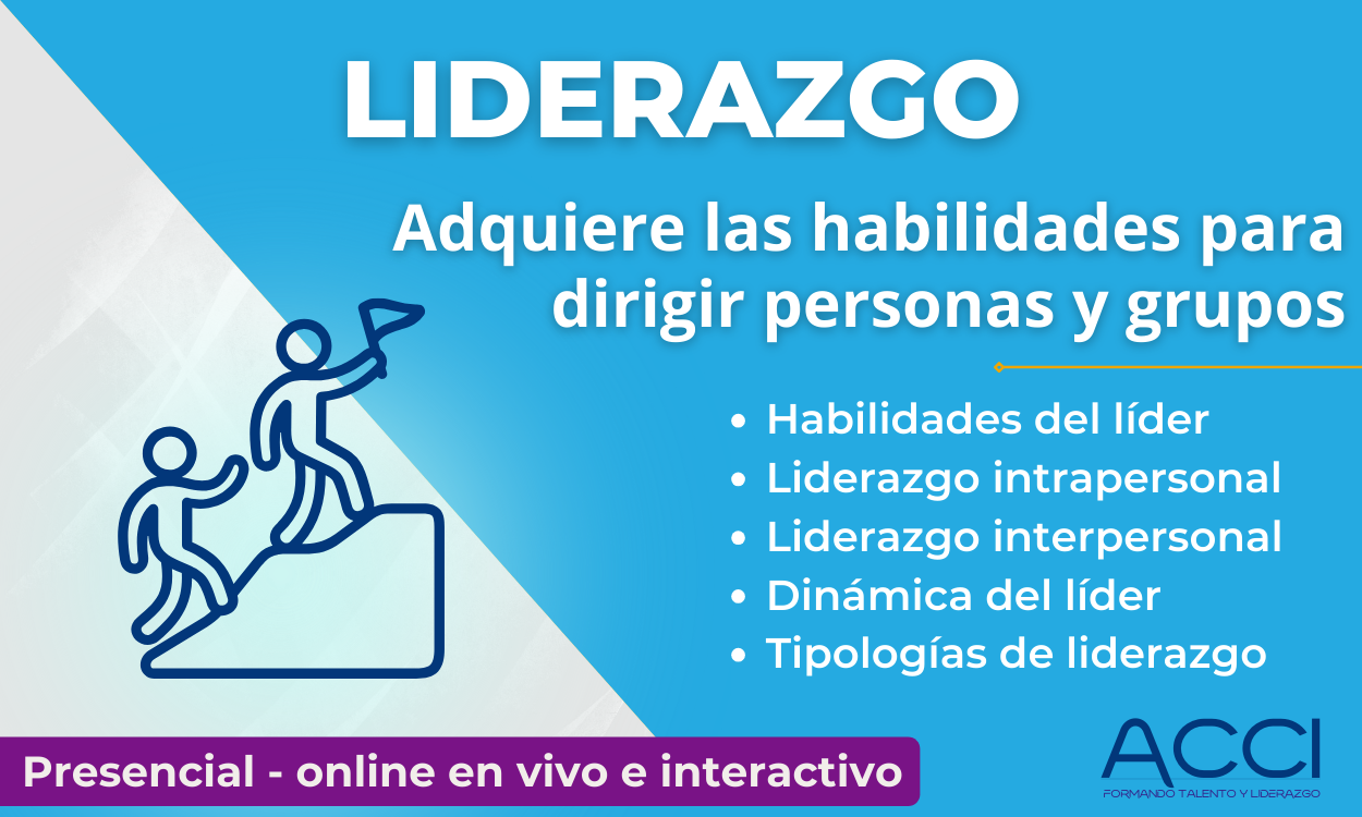 Poster promocional azul para un curso de liderazgo con texto e ilustraciones con figuras de palitos.