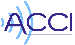 Logotipo para ACCI, con letras azules y gráfico de ondas sonoras.