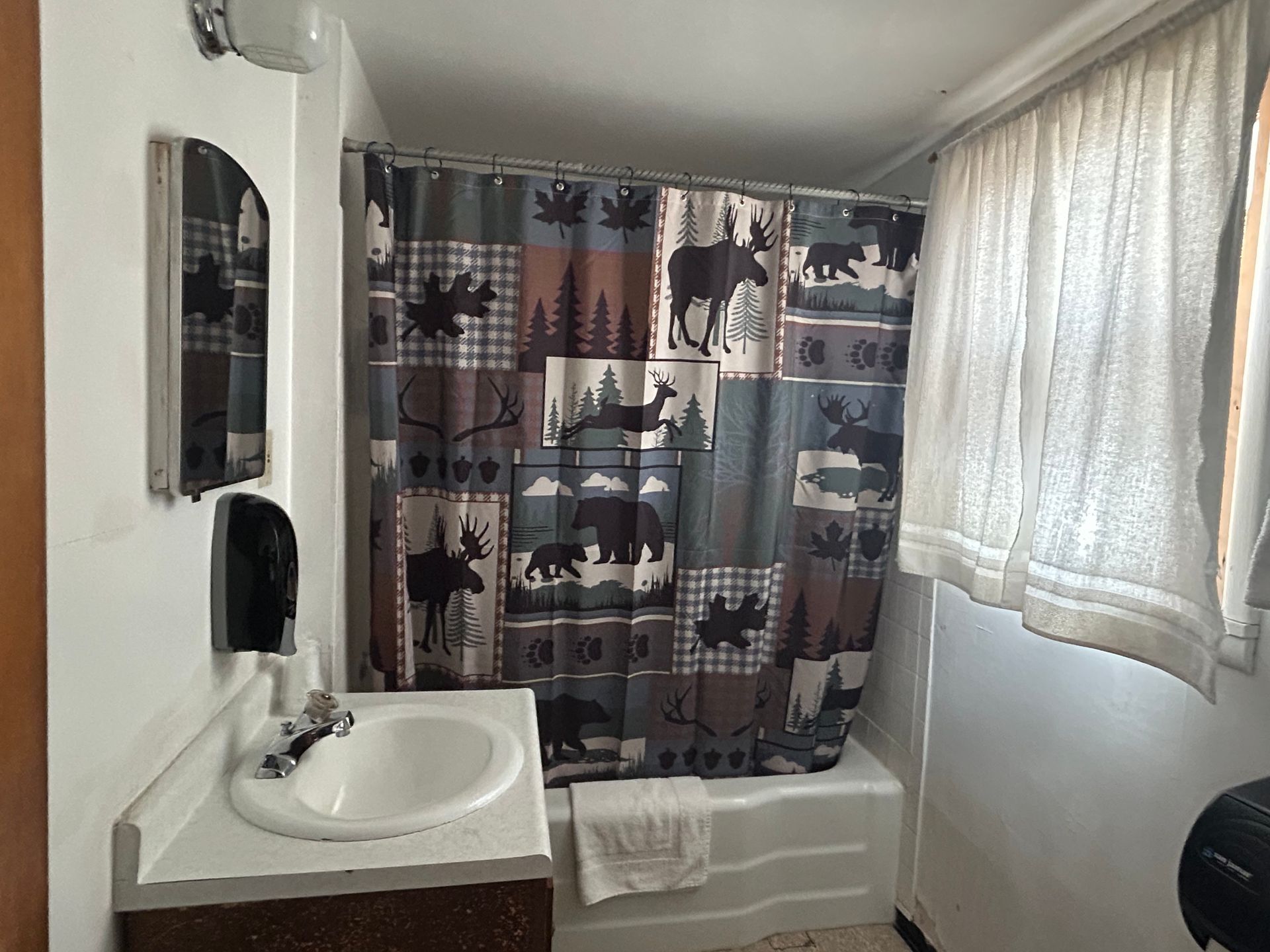 A bathroom with a moose shower curtain and a sink.