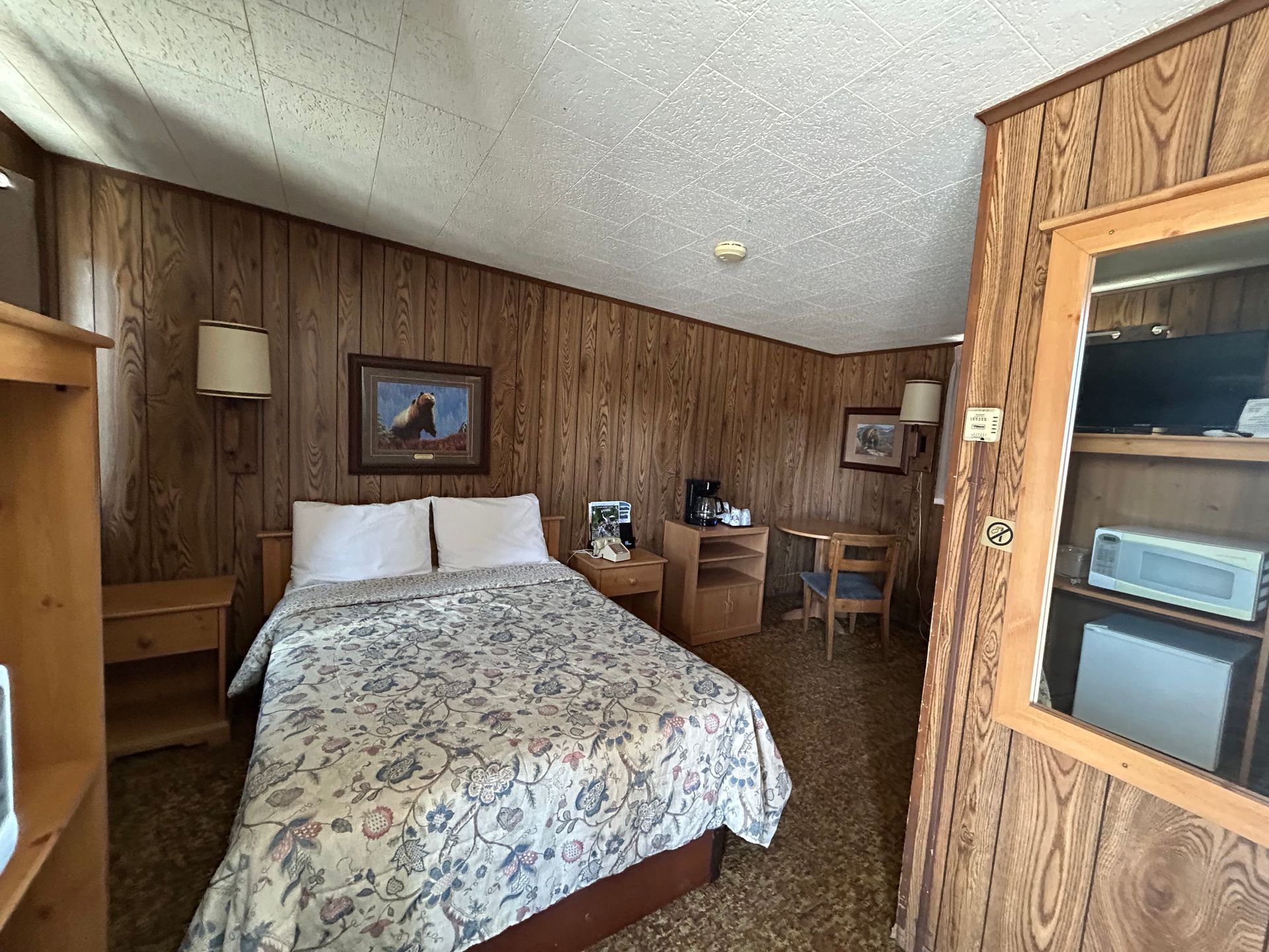 A hotel room with a king size bed and a microwave.