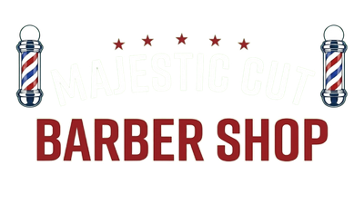 Barber shop sign with red text, striped barber poles, and five stars on a white background