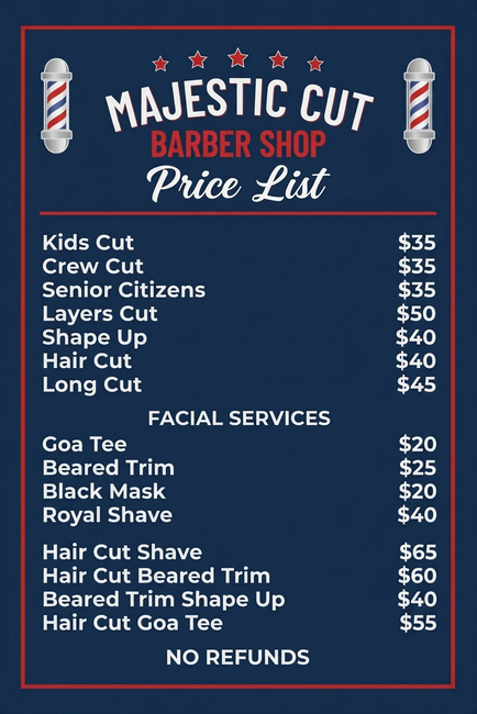 Barber shop price list sign with red and blue border, listing kids cut, fades, beard trims, and facial services.