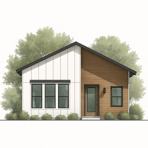 Two-story house with green siding, brown accent, black roof, and landscaping.