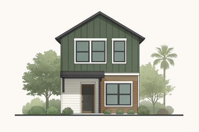 Two-story house with green and brown siding, black trim, and white windows, surrounded by trees.