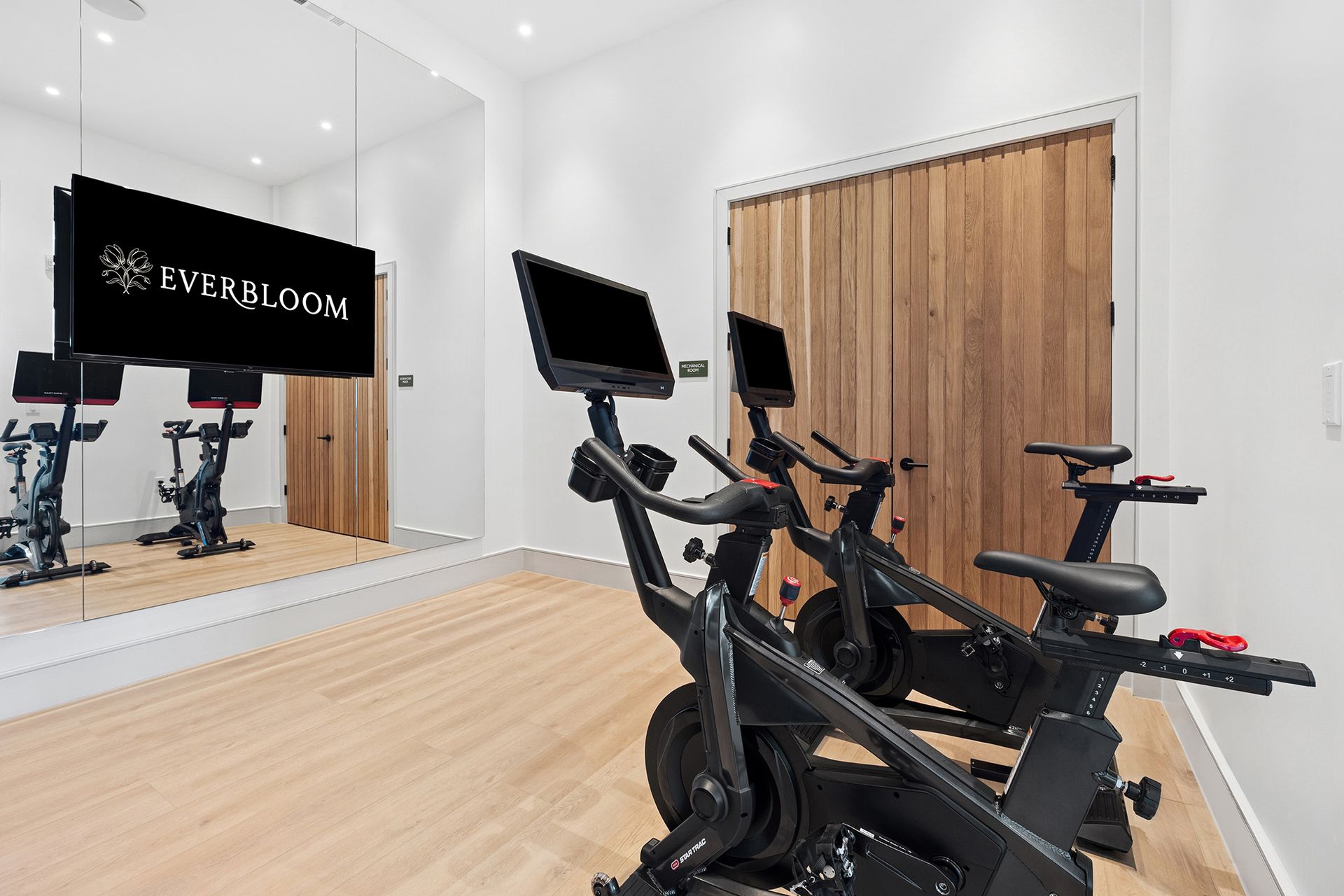 Gym with two stationary bikes, a large mirror, and a wood-paneled door.