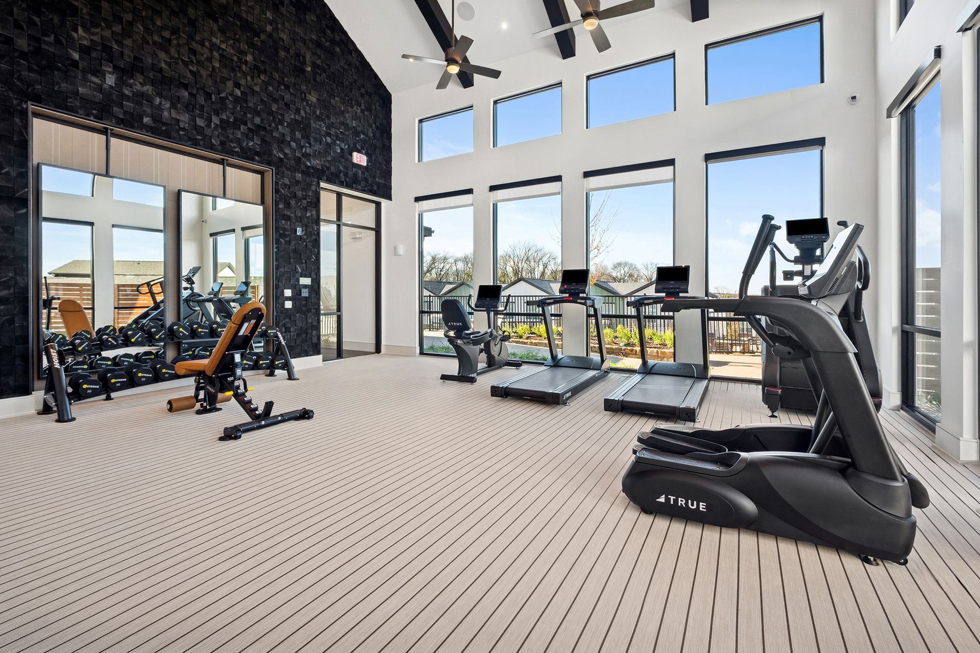 Bright gym with treadmills, weights, and large windows overlooking trees.