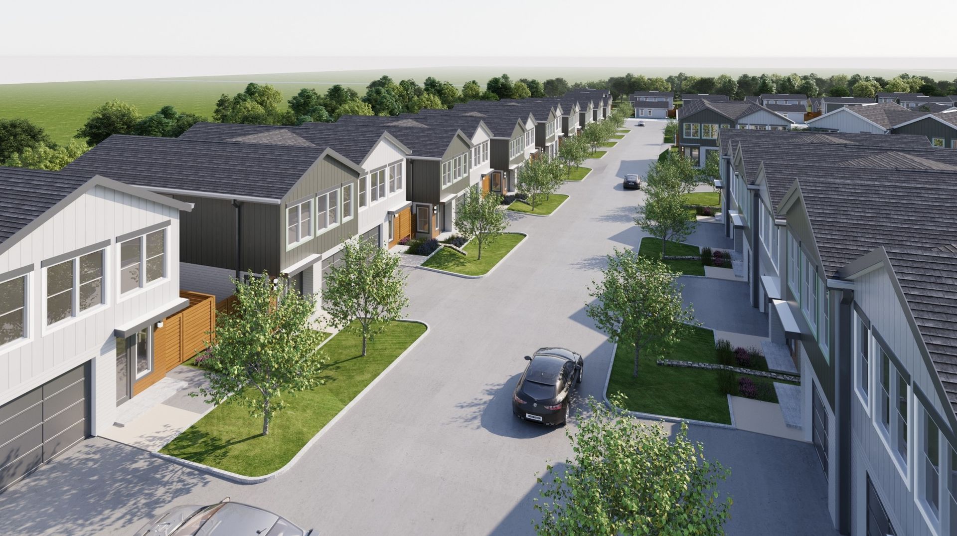 An artist 's impression of a row of houses in a residential area.
